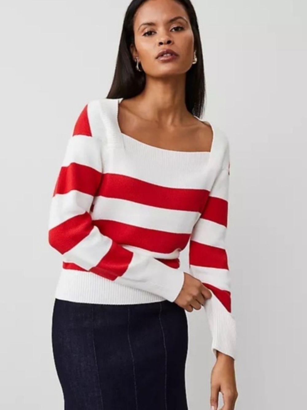 Ann Taylor Womens White Red Striped Envelope Boat Neck Sweater NWT Size XL
